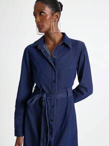 Women's Casual Waist Cinched Mid-Length Denim Dress - Dark Wash - View 4