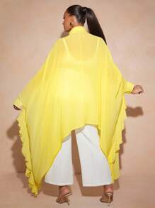 Vixey 透明雪纺荷叶边蝙蝠袖纽扣领上衣 - 黃色 - 查看 3