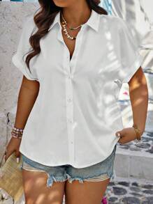 SHEIN LUNE Plus Size Women Regular Loose Casual Short Sleeve Blouse, Summer - White - View 3