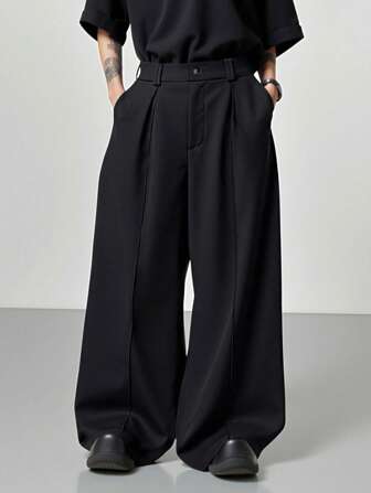 Manfinity Roghcode ワイドレッグ リラックスフィット パンツ、プレーンブラックウーブン生地、デイリースタイルのモダンなワイドレッグパンツ、ゆとりのあるブラックパンツ、オーバーサイズパンツ、ルーズパンツ、ブラックプリーツパンツ、秋