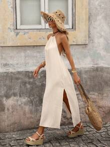 Brillora Spring Solid High Slit Hem Halter Neck Backless Summer Women Beach Long Dress