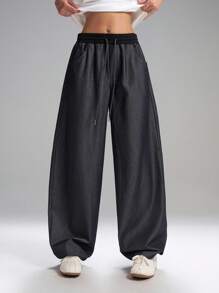 LYSMO 2025 新款女式抽绳腰部拼接腰带口袋阔腿锥形休闲裤，适合多种场合，简单易搭配，休闲通勤前卫女性和独特的毕业、返校、毕业典礼、教师 - 藏蓝色 - 查看 4