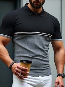 Manfinity Homme Men's Striped Polo Collar Short Sleeve Casual Button Down Shirt - Dark Grey - View 1