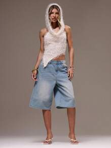 MUSERA Knitted Hooded Racer Asymmetrical Hem Textured Fluffy Top Festival Concert Rave Club Sexy Going Out Tops Club Fall Spring Summer Holiday - White - View 4