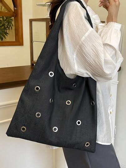 Grunge Punk Hollow Crafted Breathable Black Commuter Tote Bag, Large Capacity One Shoulder Dumpling Bag, Casual Fashion Versatile For School, Party, Shopping, Holiday