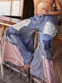 Bohemela Quần Jeans Ống Rộng Kẻ Sọc Rộng Phong Cách Boho Country Vintage Cho Nữ Mùa Hè & Thu - Nhiều màu - Xem 4