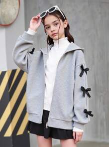 SHEIN Sparklyn 青少年女孩拉链连帽衫，新款秋冬长袖连帽运动衫，斑点灰色上衣，袖子上饰有平行黑色蝴蝶结，舒适修身休闲运动连帽衫，适合家庭/姐妹穿着 - 灰色 - 查看 1