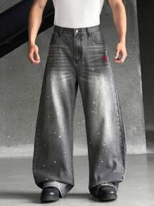 ESTAVOR 男士梭织宽松长款黑色休闲时尚牛仔裤 - 灰色 - 查看 1