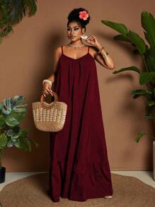 Maweii Plus Size Women Casual Vacation Daily Solid Color Versatile Summer Spaghetti Strap Off Shoulder Pleated Patchwork Loose Flowy Maxi Dress