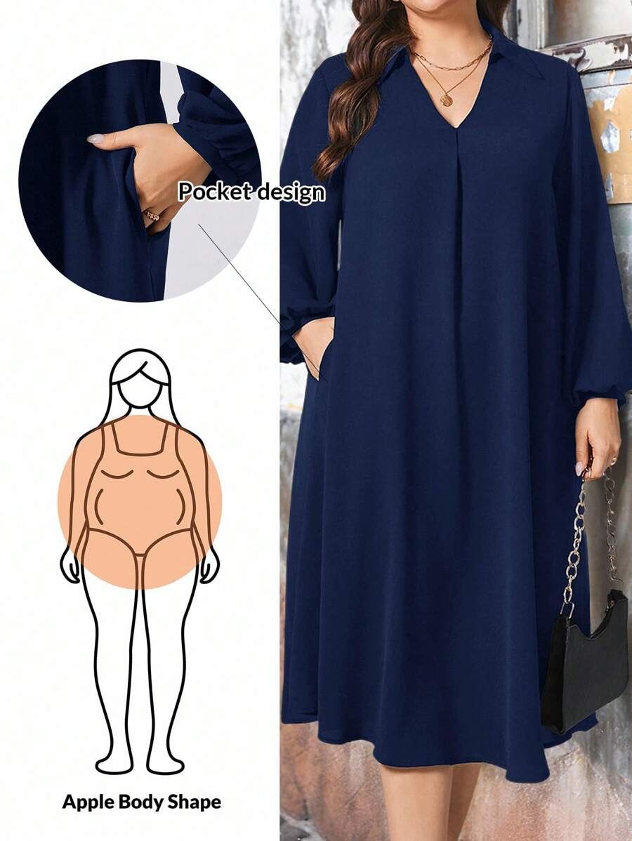 SHEIN Essnce 大码女装春夏时尚休闲宽松舒适清凉日常黑色 V 领长袖中长连衣裙、保守连衣裙、女式教堂服装、老钱风格、女式端庄服装、曲线黑色连衣裙、春季服装 - 藏蓝色 - 查看 1