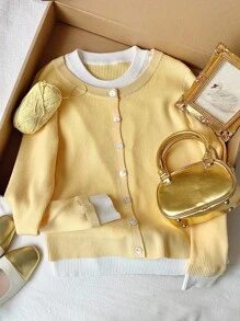 Comfortcana Bộ áo len cài nút phía trước màu vàng bơ tương phản dành cho nữ vào mùa thu/đông - Nhiều màu - Xem 7