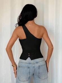 Glamine Áo khoác vest nữ không tay màu mơ thời trang, thường ngày đa năng, áo một vai màu đen mùa hè, áo đen nữ, áo bất đối xứng, áo nịt ngực màu đen cho nữ, áo nịt ngực một vai cho nữ, áo nịt ngực màu đen cho nữ - màu đen - Xem 2