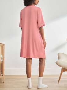 BloomMama Maternity Short Sleeve Nursing Nightgown With Lace&Button,Fashion Loungewear Sleepwear Pajama Dress Sleep Shirt - Pink - View 3