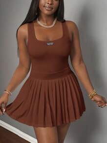 Slaydiva 新款春夏休闲基础款U领背心，黑色标签白色文字，百褶裙，包含短裤和阔腿裤，白色针织面料女士迷你连衣裙，棕色连衣裙，棕色短裙，棕色百褶连衣裙，棕色伞裙，咖啡棕色连衣裙，棕色迷你连衣裙，女士假日装扮 - 棕色 - 查看 6