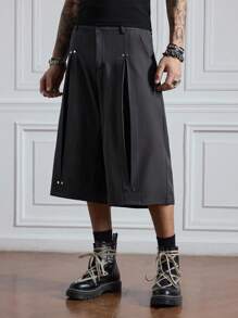 ROMWE MEN Casual 男式纯色褶皱口袋铆钉休闲七分短裤