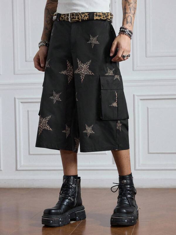 ROMWE MEN Street Life Men's Streetwear Leopard & Star Print Cargo 3/4 Pants With Pockets