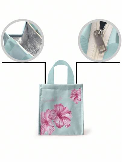 Fairycore Pink Floral Pattern Fashionable Insulated Mint Green Lunch Bag, Functional Bags, Lunch Bag, Cooler Bag
