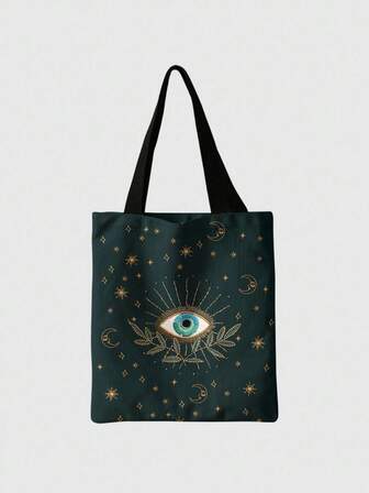 Fairycore Wiederverwendbare Segeltuch Tragetasche mit ganzflächigem Aufdruck von Augen/Mond/Sternen Muster, Schultertasche Design geeignet für Einkaufen