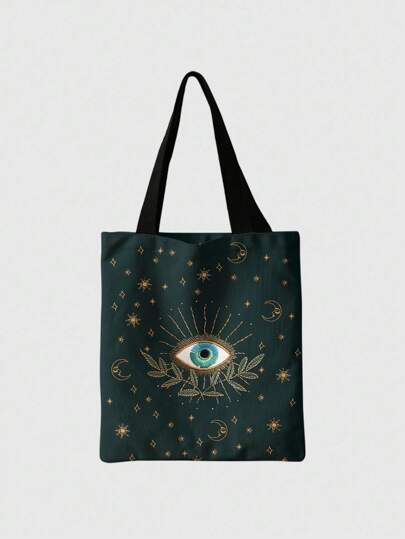 Fairycore Wiederverwendbare Segeltuch Tragetasche mit ganzflächigem Aufdruck von Augen/Mond/Sternen Muster, Schultertasche Design geeignet für Einkaufen