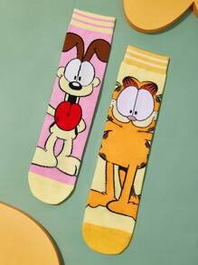 GARFIELD | SHEIN 1双柔软透气吸湿排汗休闲女士中筒袜，卡通条纹图案，时尚可爱黄色和粉色中筒袜，加固脚趾和脚跟，经久耐用，四季百搭 - 彩色 - 查看 2