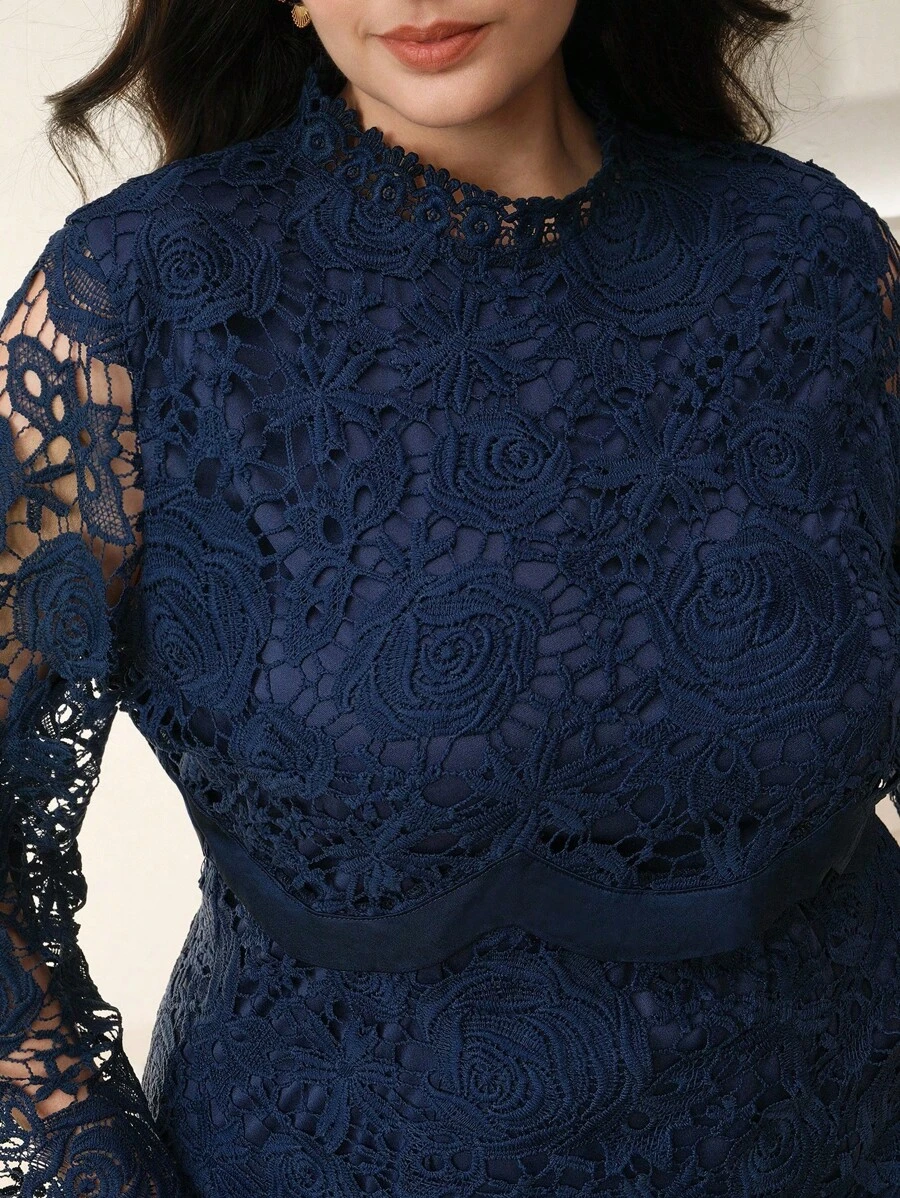 Anewsta Vestido de manga larga con cintura ceñida de encaje soluble en agua elegante de talla grande