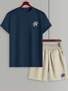 Manfinity Homme 2pcs Men Letter Print Round Neck Short Sleeve T-Shirt & Drawstring Waist Pocket Shorts Set Outfits For Men Summer Men Clothing Outfit