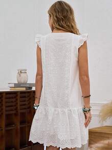 LanaWest Women's Summer White Boho Mini Dress,Round Neck Cutout Ribbon Tassel Frill Trim Embroidered Smocked Waist Loose Casual Vacation Holiday Dress - White - View 4