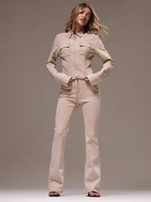 MUSERA 修身低腰喇叭水洗牛仔裤，性感波西米亚风，适合节日、假日、夏季度假，可爱优雅，时尚别致，春季必备 - 卡其色 - 查看 5