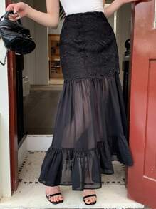 DAZY 女式撞色蕾丝和网眼荷叶边下摆优雅半身裙