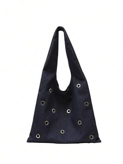 Grunge Punk Hollow Crafted Breathable Black Commuter Tote Bag, Large Capacity One Shoulder Dumpling Bag, Casual Fashion Versatile For School, Party, Shopping, Holiday