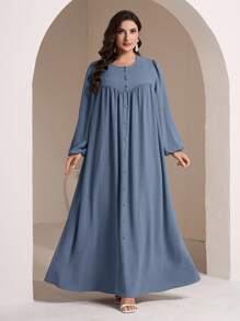 Veilorie Plus Size Women Elegant Solid Color Maxi Arabic Style Dress Fall - Blue - View 5