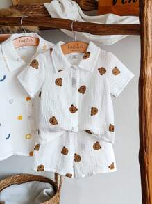 SHEIN Vintaside Kids 2pcs Baby Boy Cartoon Bear Print Short Sleeve Single-Breasted Top And Shorts Casual Outfit Set - White - View 3