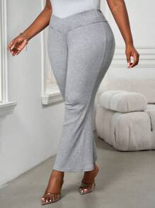 SHEIN PETITE CURVE Plus Petite 女士高腰交叉设计喇叭紧身裤 - 灰色 - 查看 3