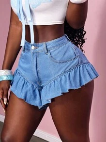 Slaydiva Quần short denim thời trang mùa hè viền bèo nhún màu trơn cho nữ - Rửa nhẹ - Xem 5