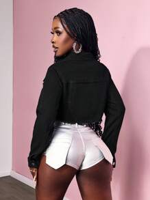 Slaydiva Women's Long Sleeve Fringed Single-Breasted Cropped Denim Jacket - Black - View 3