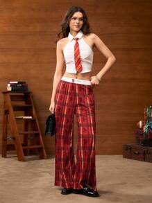 HARRY POTTER X SHEIN Quần nỉ ống rộng họa tiết kẻ caro và sư tử cạp chun màu trơn đơn giản cho nữ, phù hợp cho mùa xuân và mùa thu - Màu Đỏ Sâu - Xem 5