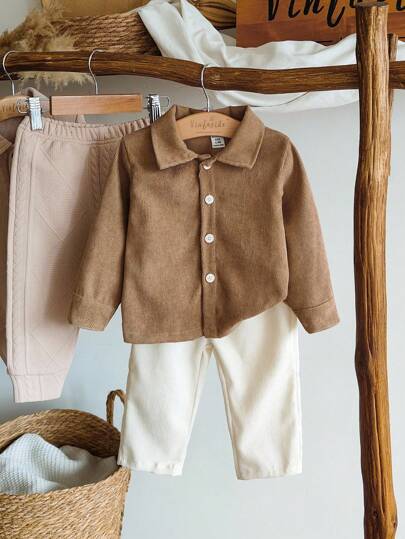 Vintaside Kids Baby Boys Classic Brown Two Piece Set - Collared Long Sleeve Button-Up Cardigan Jacket Showcasing Gentlemanly Style, Paired With Beige Trousers For A Simple Elegant Look. Solid Color, No Patterns, Showcasing A Sophisticated Design. Suitable For Outings, Daily Wear, Home Leisure, And Social Events To Be The Center Of Attention. Fall Winter