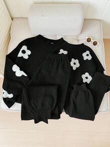 LMoss Kids LMoss  Young Girl 2pcs White Floral Pattern Sweater Top And Pants Knit Set For , Warm And Comfortable Fall Clothes,Great For Casual & Daily Wear & School Daily In Autumn & Winter Girls Sweater Sets Girl Knit Set Kids Two Piece Set Winter Girls Sets Girls Floral Knit Set Girls Knit Set Flower Knit Set Winter Young Girls Sets - Black - View 4