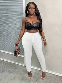 SHEIN PETITE CURVE 大码 2024 新款简约纯色修身牙签褶高腰女式工装七分裤