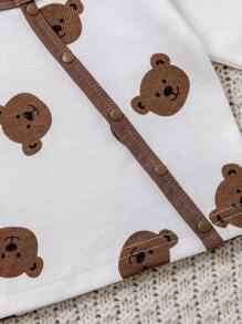 3 Peças Conjunto de Roupa de Bebê Recém-Nascido Menino/Menina, Inclui Top de Manga Longa Estampa de Urso, Calça com Pé e Chapéu, Outono/Inverno - Branco - Visão 7