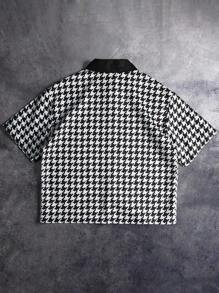 Manfinity EMRG 男士时尚千鸟格印花酸洗金属风格日常休闲衬衫，男友/丈夫礼物，周年纪念礼物，男士图案纽扣衬衫，男士短款图案衬衫，街头潮流衬衫 - 彩色 - 查看 2