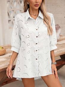 SHEIN VCAY 大码女式夏季度假纯色镂空刺绣纽扣前长袖衬衫 - 白色 - 查看 6