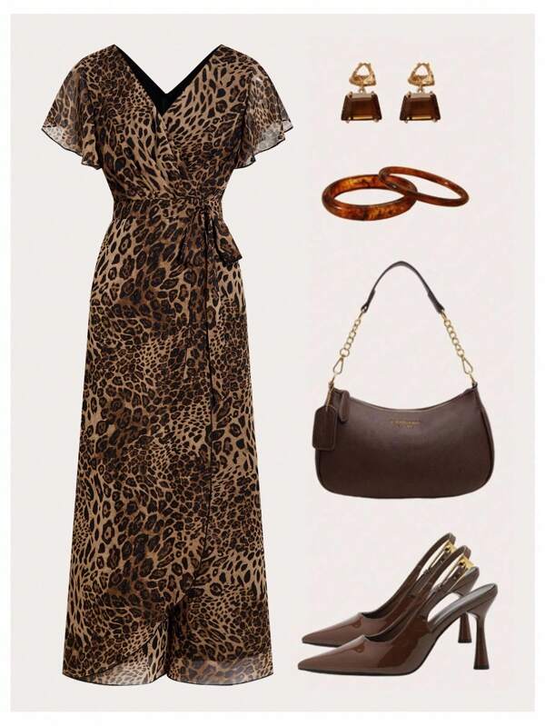 Ellevyn Women's Leopard Print Sexy Long Romper, Elegant Chiffon Leopard Print Sheer Jumpsuit Fall Women Clothes  Vintage Clothes Women   Leopard Print