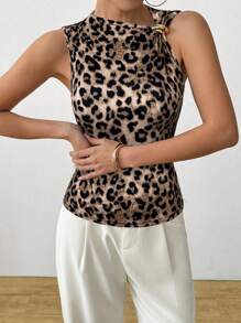 SHEIN LUNE Áo ba lỗ họa tiết da báo trang trí kim loại mùa hè, thời trang - màu nâu - Xem 3