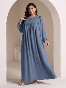 Veilorie Plus Size Women Elegant Solid Color Maxi Arabic Style Dress Fall - Blue - View 6