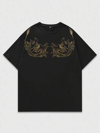 Street Life Lässiges schwarzes Kurzarm T-Shirt, eleganter und verfeinerter goldener Drachen Umriss mit feinen Linien, modern und modisch mit einem Hauch ostasiatischer Tradition
