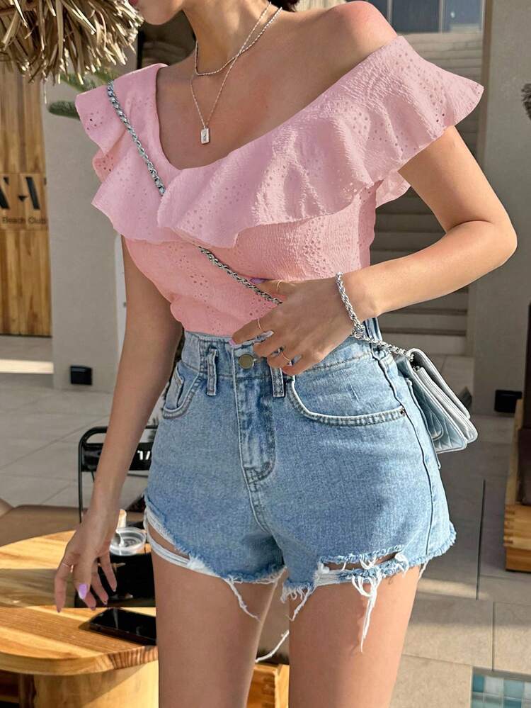 Women's Summer Slim Fit T-Shirt With Solid Color And Ruffle Trim,Crop Tops Women