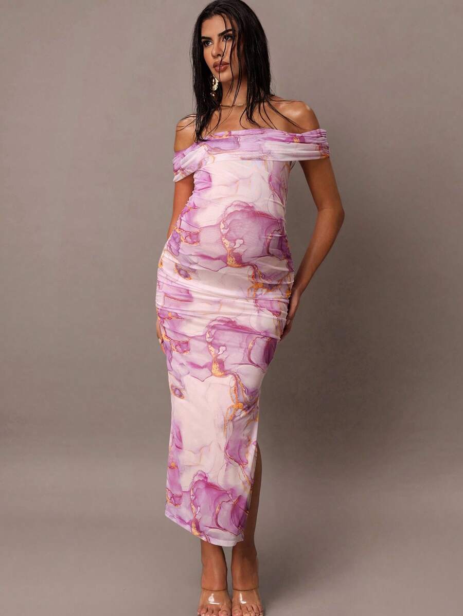 MaterniChic 浪漫情人节刺绣紧身网眼印花露肩长款孕妇装 - 紫色 - 查看 1