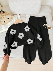 LMoss Kids LMoss  Young Girl 2pcs White Floral Pattern Sweater Top And Pants Knit Set For , Warm And Comfortable Fall Clothes,Great For Casual & Daily Wear & School Daily In Autumn & Winter Girls Sweater Sets Girl Knit Set Kids Two Piece Set Winter Girls Sets Girls Floral Knit Set Girls Knit Set Flower Knit Set Winter Young Girls Sets - Black - View 6