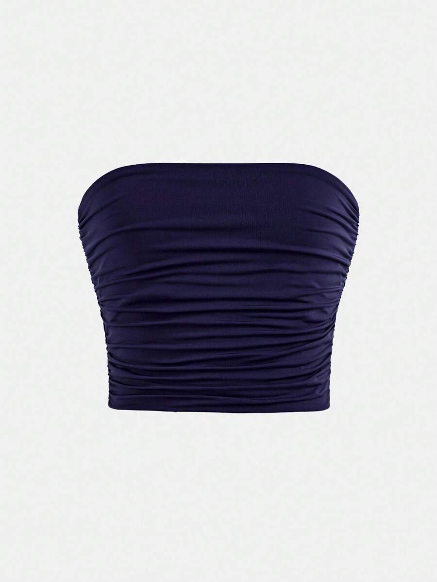 Tween Girls Minimalist Comfortable Side Ruched Tube Top Fall Winter - Navy Blue - View 1